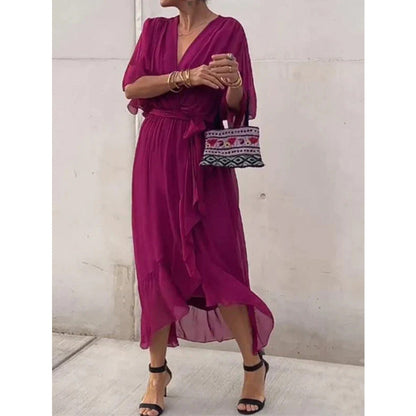 Elegant lace bat-sleeve irregular hem maxi dress for women | Serena -15