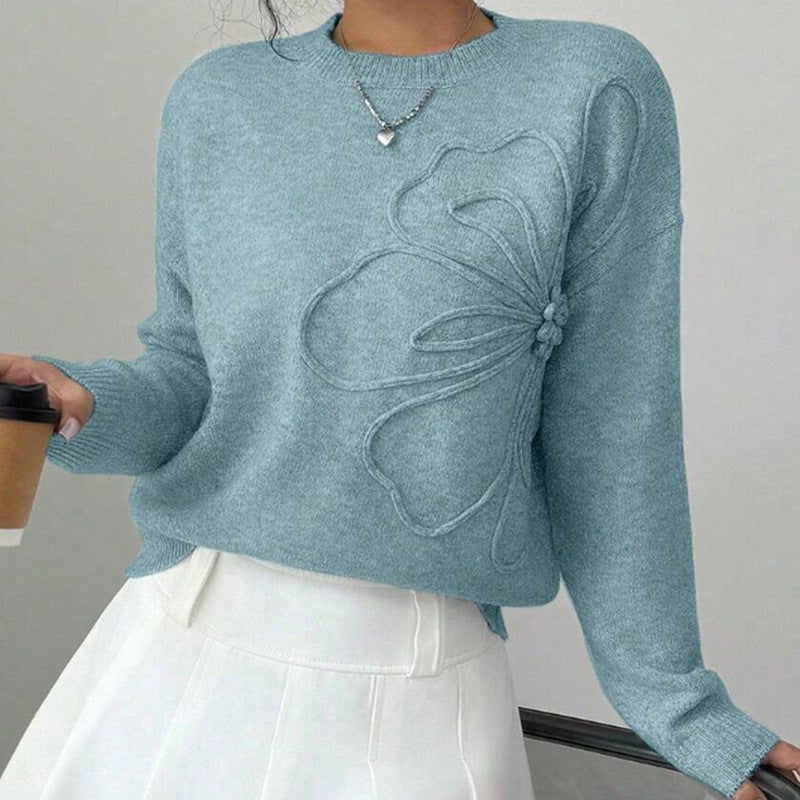 Floral Embossed Crew Neck Sweater Cozy For Women | Mirevella