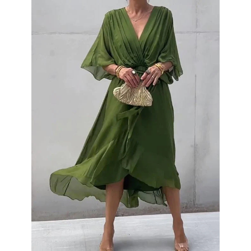 Elegant lace bat-sleeve irregular hem maxi dress for women | Serena -1