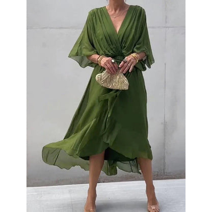 Elegant lace bat-sleeve irregular hem maxi dress for women | Serena -1