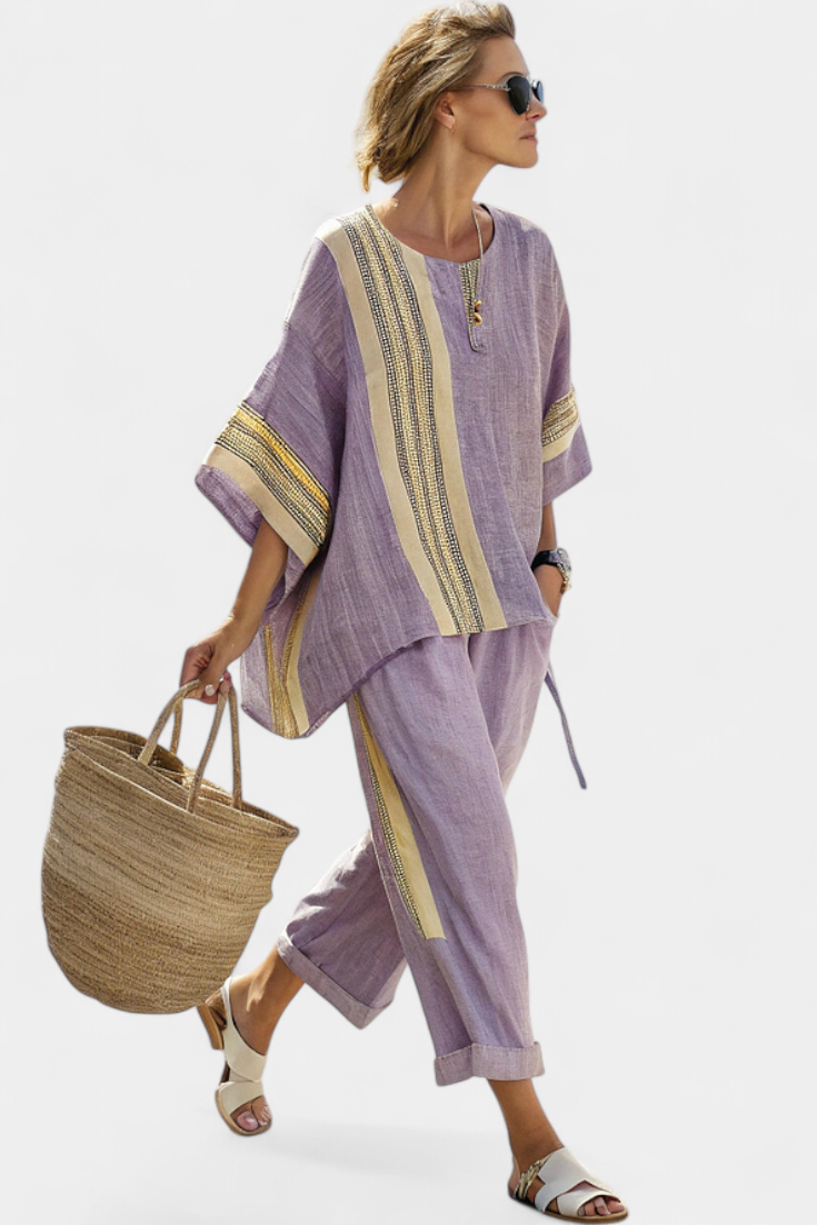 Relaxed ethnic stripe wide-cut everyday co-ord set for women | Maria -5