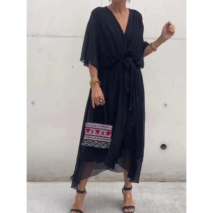 Elegant lace bat-sleeve irregular hem maxi dress for women | Serena -2