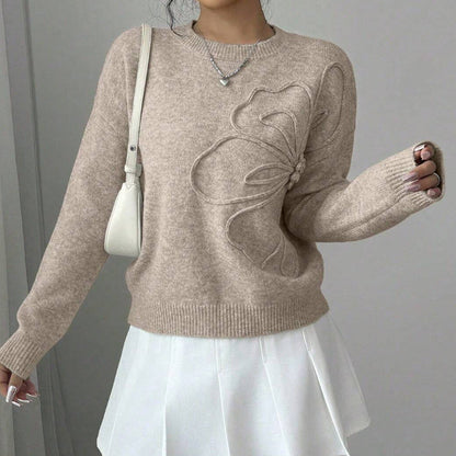Floral Embossed Crew Neck Sweater Cozy For Women | Mirevella