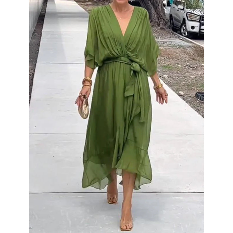 Elegant lace bat-sleeve irregular hem maxi dress for women | Serena -11