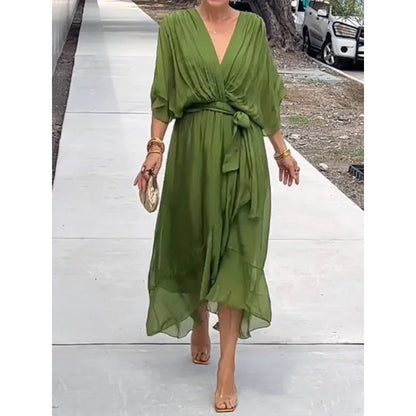 Elegant lace bat-sleeve irregular hem maxi dress for women | Serena -11