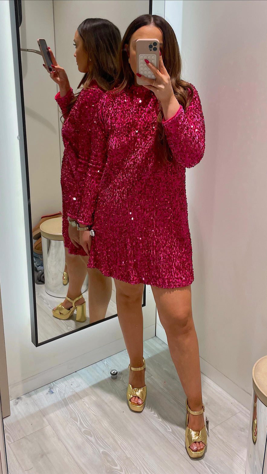 Elegant Sequin Dress With Fitted Round Neck And Long Sleeves Chic For Women | Bellarise
