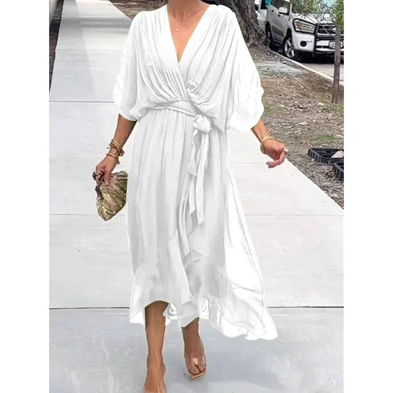 Elegant lace bat-sleeve irregular hem maxi dress for women | Serena -6