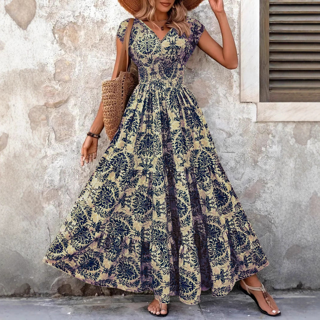 Chic V Neck Shirred Boho Dress Elegant For Women | Isadora