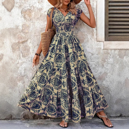 Chic V Neck Shirred Boho Dress Elegant For Women | Isadora