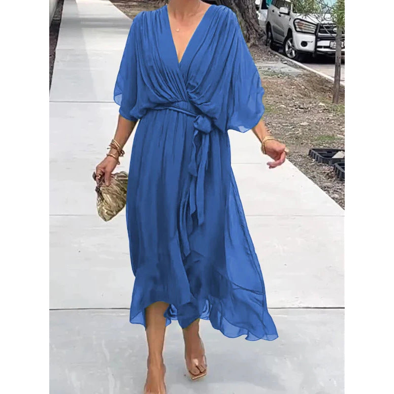 Elegant lace bat-sleeve irregular hem maxi dress for women | Serena -12