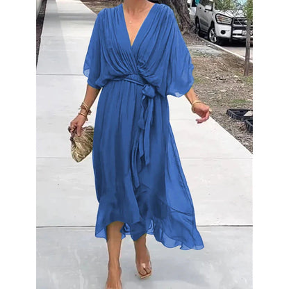 Elegant lace bat-sleeve irregular hem maxi dress for women | Serena -12