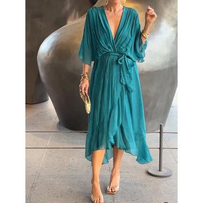 Elegant lace bat-sleeve irregular hem maxi dress for women | Serena -3