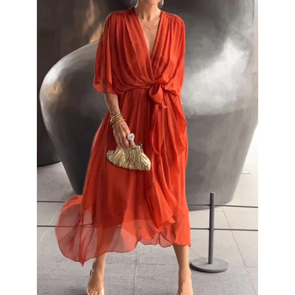 Elegant lace bat-sleeve irregular hem maxi dress for women | Serena -10