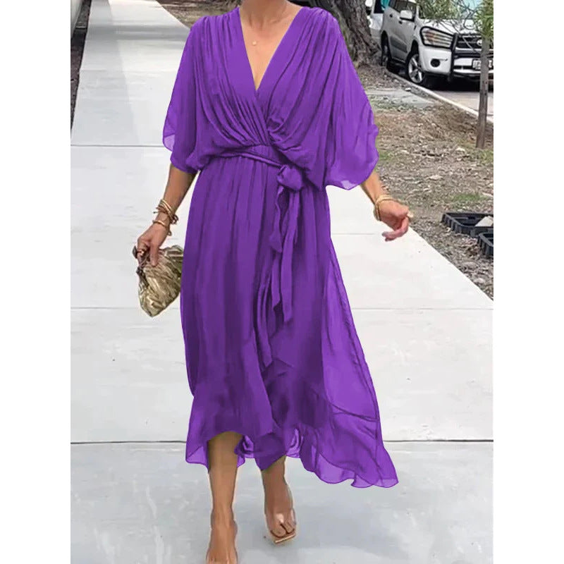 Elegant lace bat-sleeve irregular hem maxi dress for women | Serena -14
