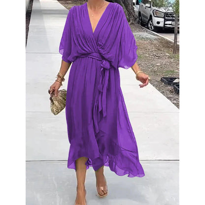 Elegant lace bat-sleeve irregular hem maxi dress for women | Serena -14
