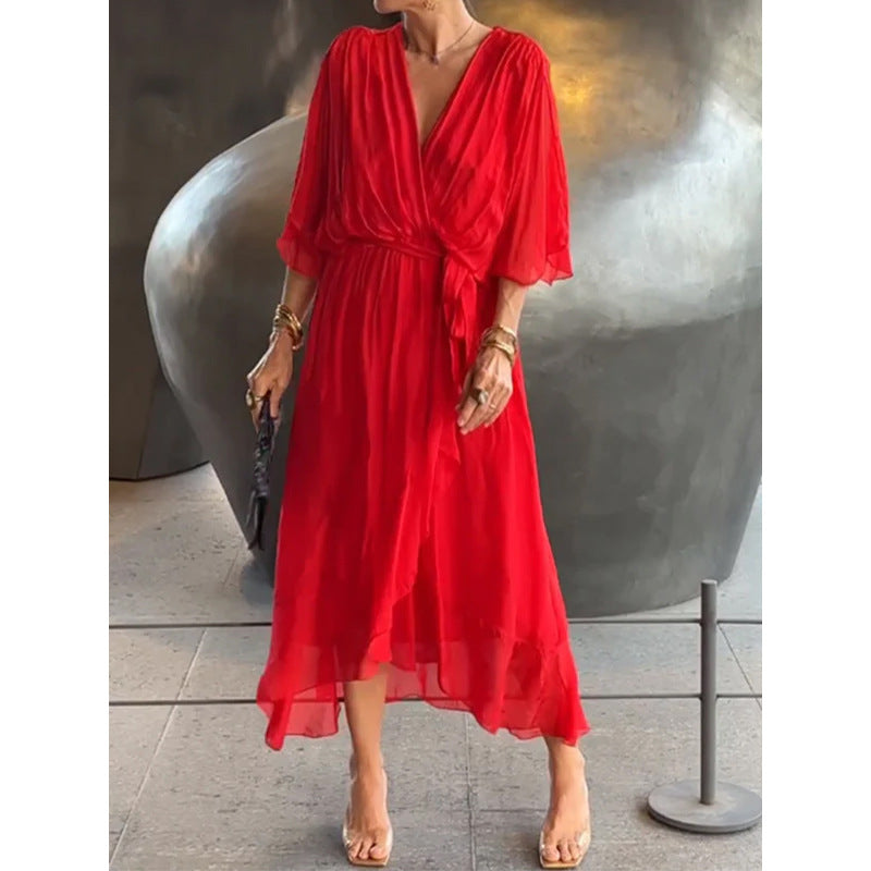 Elegant lace bat-sleeve irregular hem maxi dress for women | Serena -9