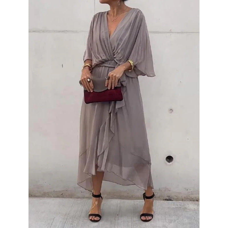 Elegant lace bat-sleeve irregular hem maxi dress for women | Serena -7
