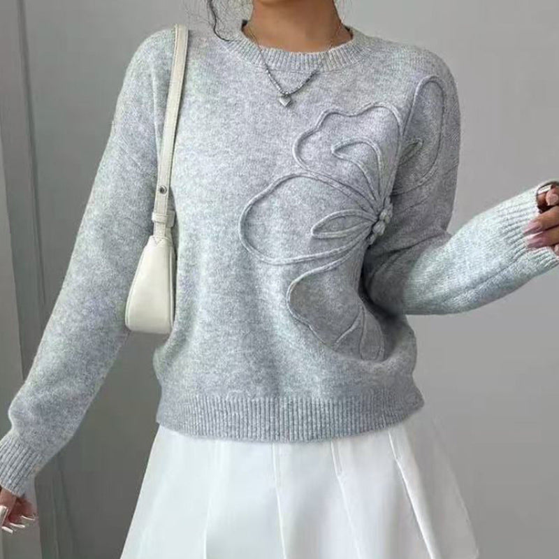 Floral Embossed Crew Neck Sweater Cozy For Women | Mirevella