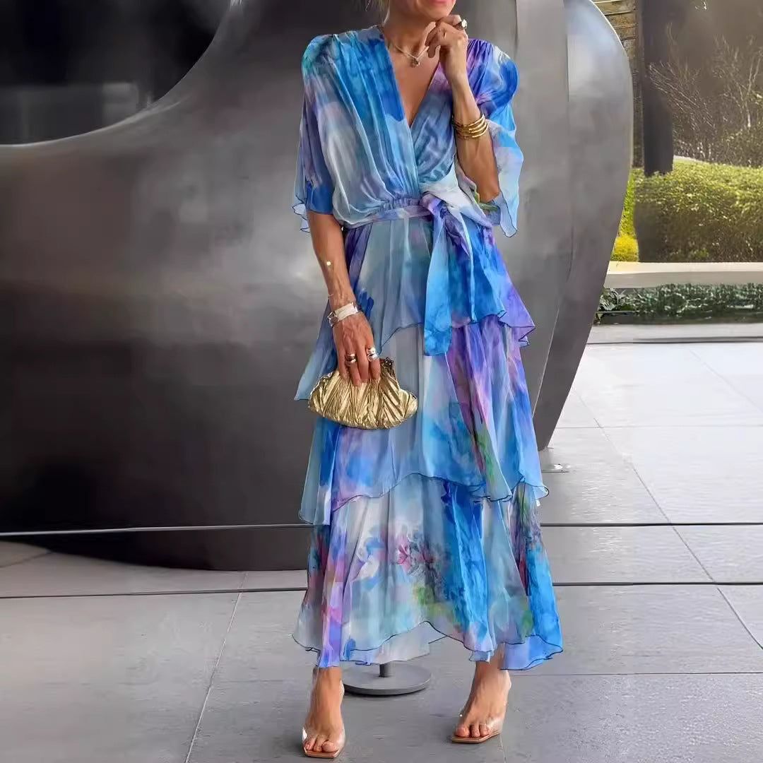 Elegant floral layered warm-weather occasion dress for women | Marija -2