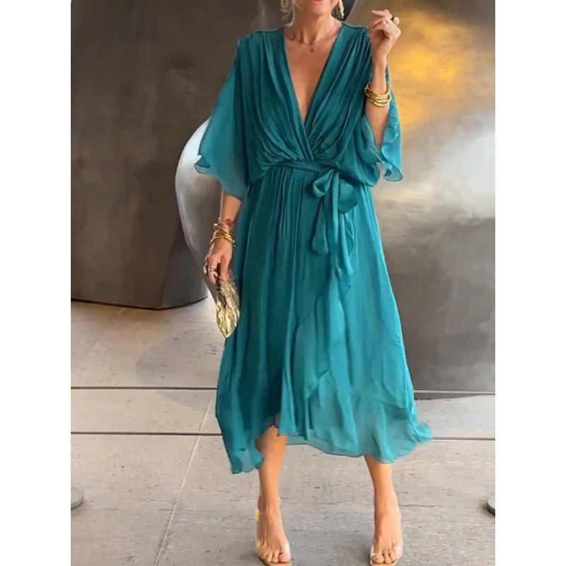 Elegant lace bat-sleeve irregular hem maxi dress for women | Serena -13