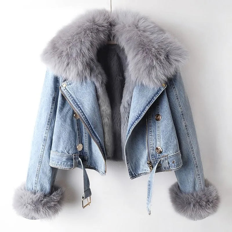 Chic faux fur trim elegant denim jacket for women | Phylicia -2