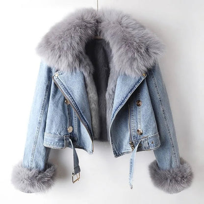 Chic faux fur trim elegant denim jacket for women | Phylicia -2