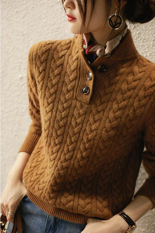 Cable Detail Half Button Sweater Cozy For Women | Isabelle
