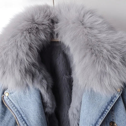 Chic faux fur trim elegant denim jacket for women | Phylicia -5