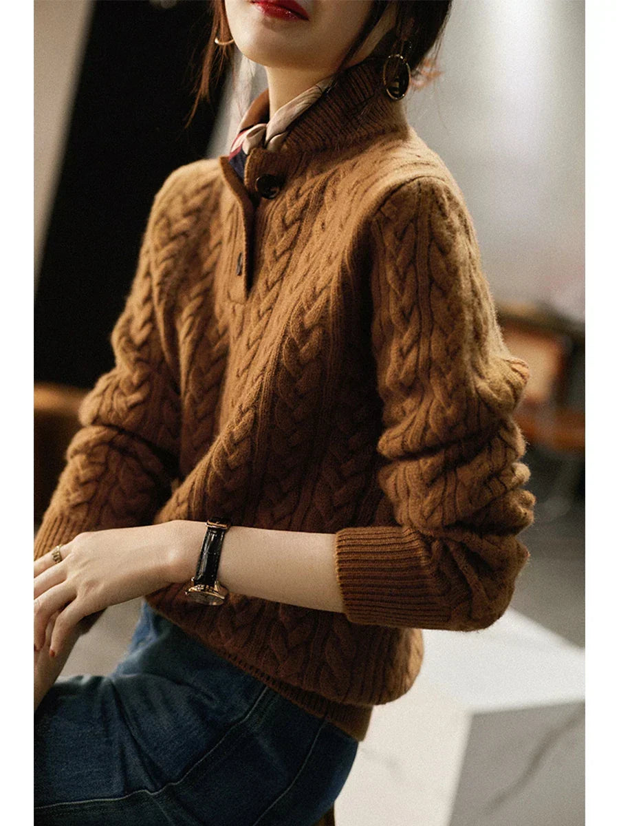 Cable Detail Half Button Sweater Cozy For Women | Isabelle