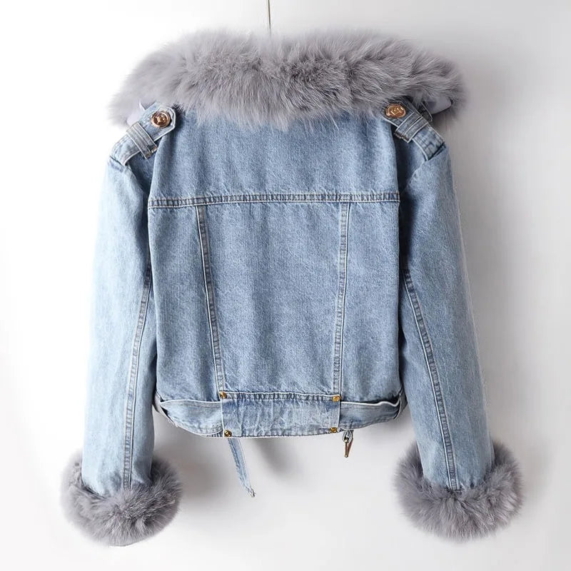 Chic faux fur trim elegant denim jacket for women | Phylicia -6