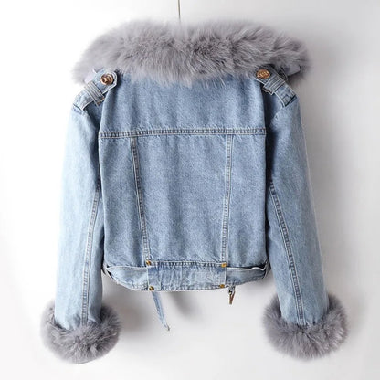 Chic faux fur trim elegant denim jacket for women | Phylicia -6
