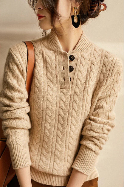 Cable Detail Half Button Sweater Cozy For Women | Isabelle