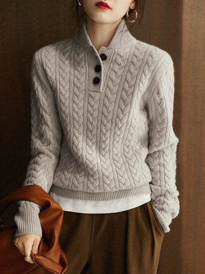 Cable Detail Half Button Sweater Cozy For Women | Isabelle