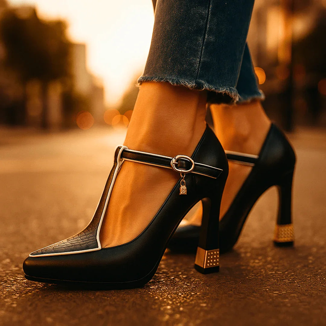 Elegant T-strap heels with studded block heel for women | Vivienne