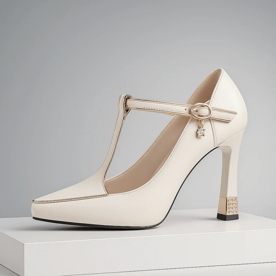 Elegant T-strap heels with studded block heel for women | Vivienne