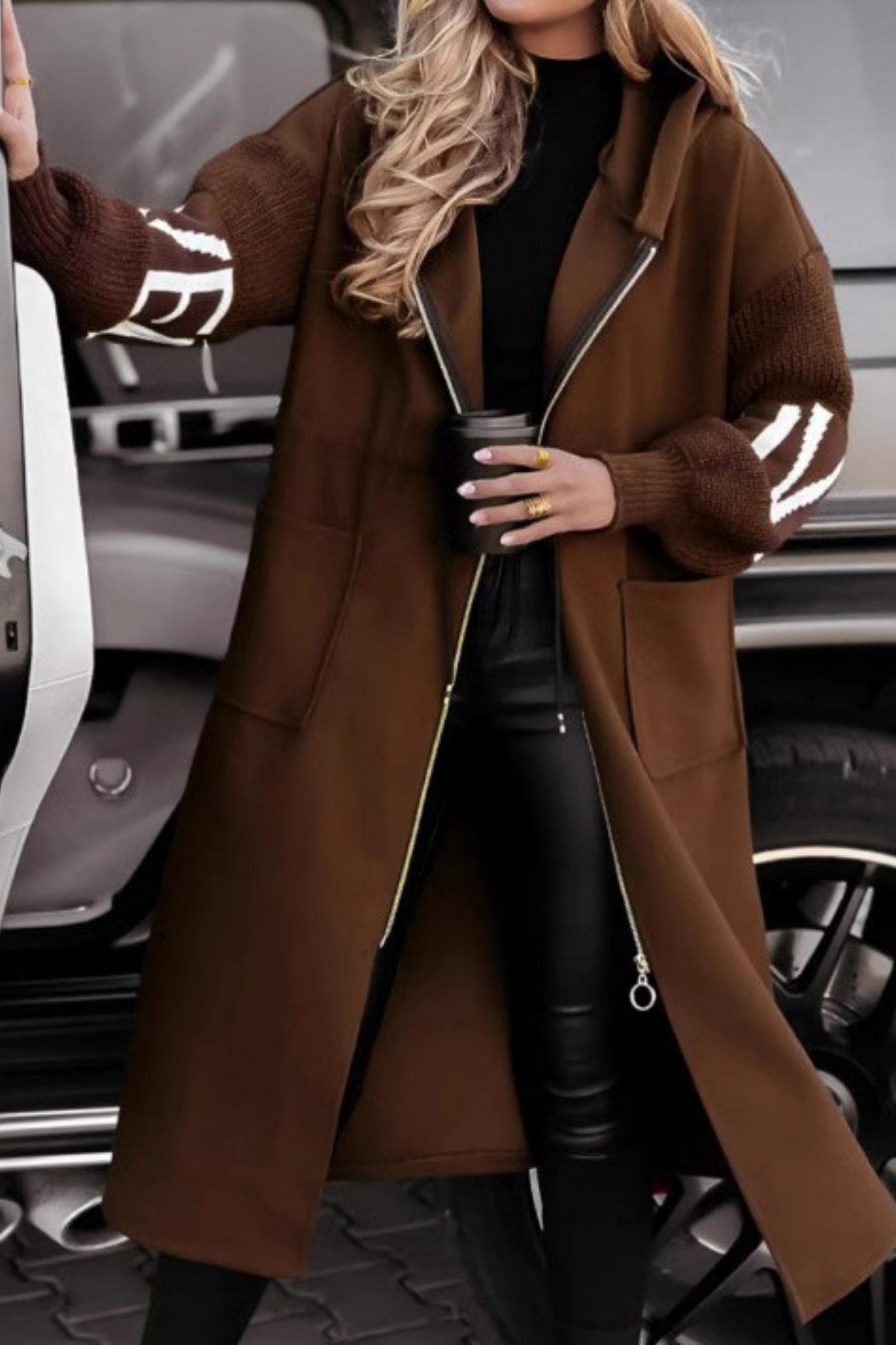 Chic knitted sleeve hooded casual jacket for women | Peggy -6