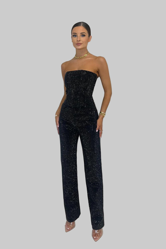 High-waist glitter co-ord trouser set for women -1