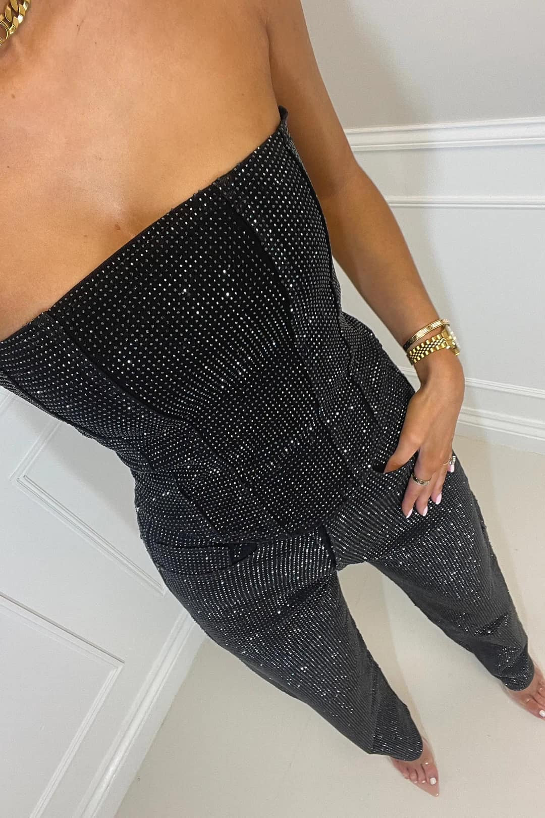 High-waist glitter co-ord trouser set for women -4