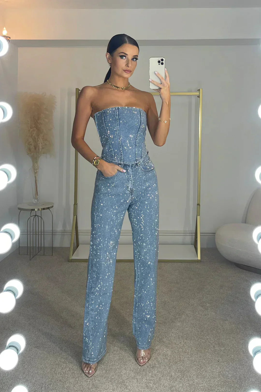 High-waist glitter co-ord trouser set for women -7