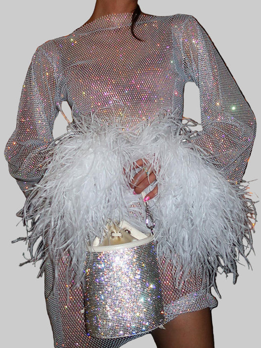 Sparkly mini dress with feather-style cuffs for women | Seraphina