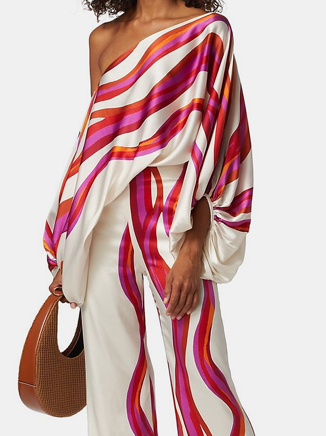 Printed off-shoulder blouse and wide-leg trousers co-ord set for women - 2