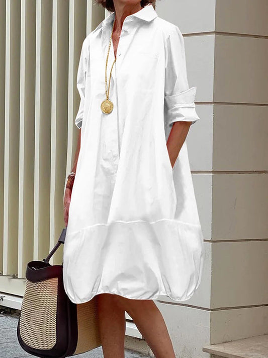Long-sleeve loose solid lapel collar midi shirt dress for women - 1