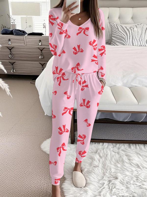 Bow Print V Neck Top And Trousers Set Stylish For Women | Sandra