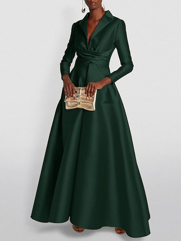 A-line high-waist pleated V-neck solid maxi dress for women - 5