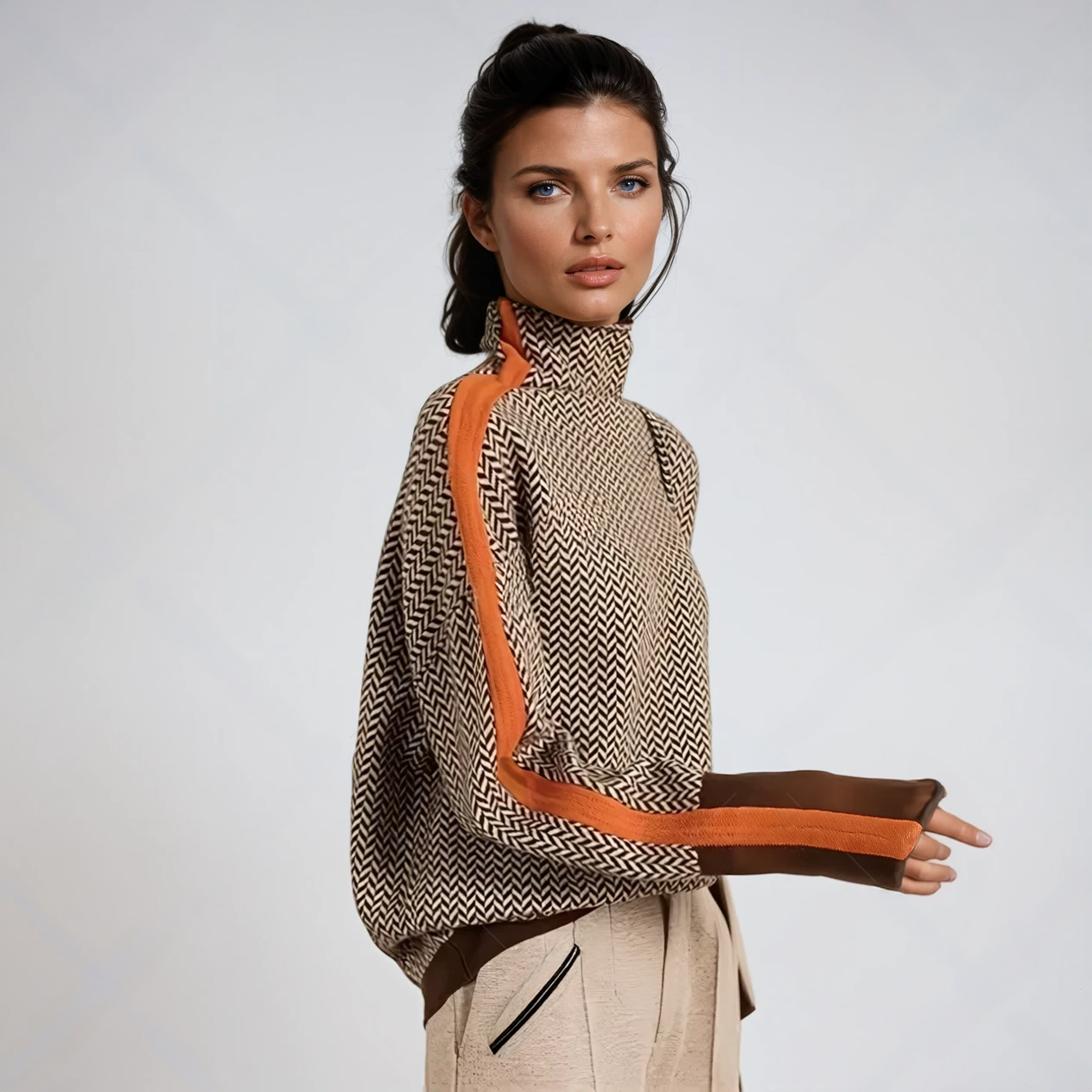 Cosy contrast stripe high-neck jumper for women | Lucia -1