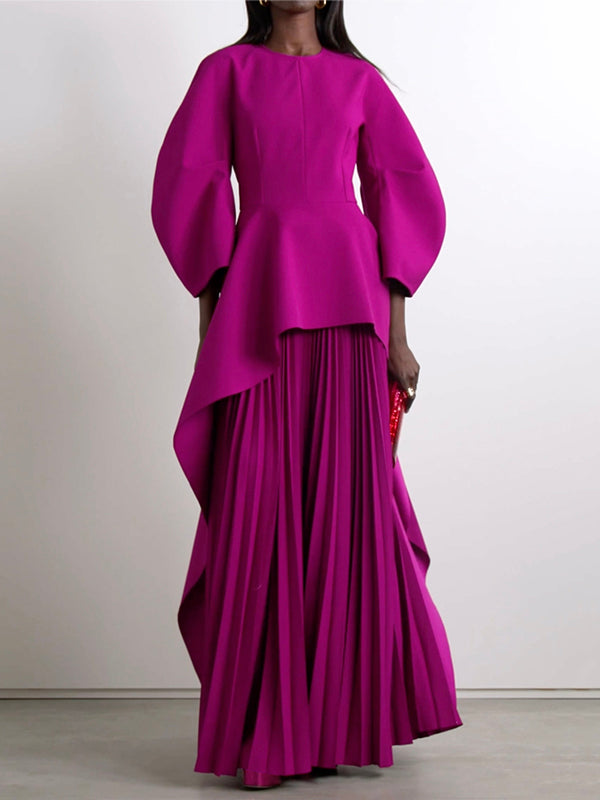 Long-sleeve loose tiered pleated round-neck maxi dress for women - 2