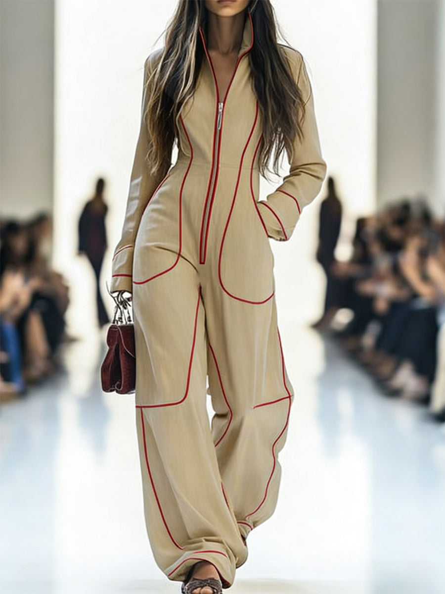 Wide-leg long-sleeve zip stand-collar jumpsuit for women - 5