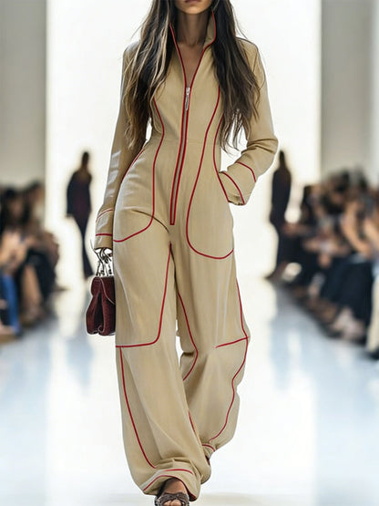 Wide-leg long-sleeve zip stand-collar jumpsuit for women - 5