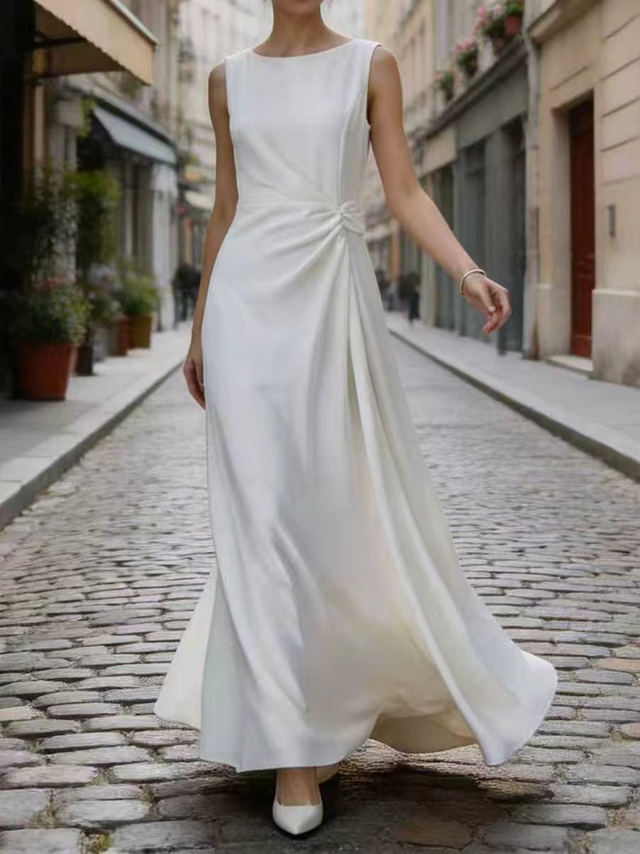 Sleeveless gauze pleated round-neck evening maxi dress for women - 3