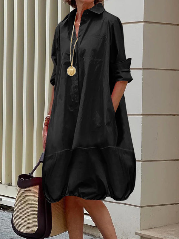 Long-sleeve loose solid lapel collar midi shirt dress for women - 3